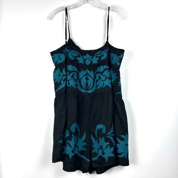 Free People Everblue Romper Black Blue Adjustable Straps Embroidery Womens Sz L - Picture 8 of 11